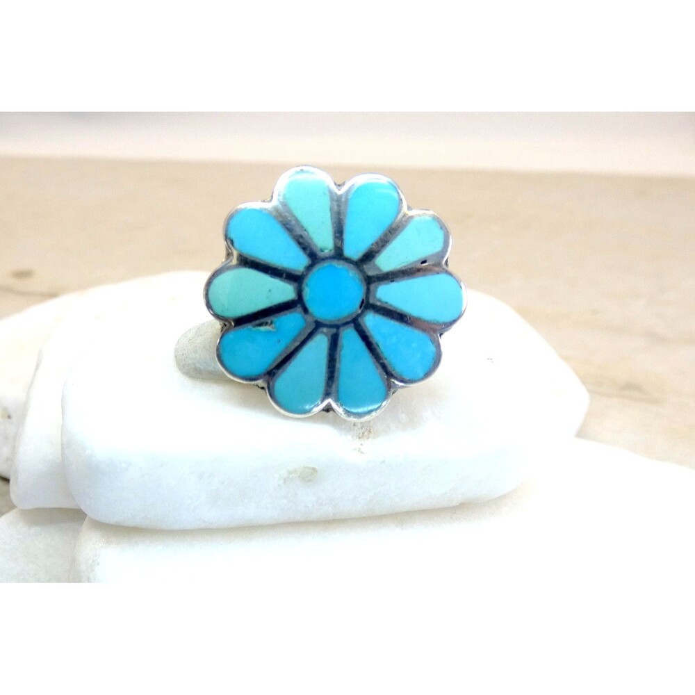 VTG Zuni Flower Turquoise Inlay Sterling Silver Native American Ring Sz 6